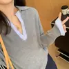 Tejido de hilo de núcleo, top de punto a rayas tipo dos piezas para mujer, otoño e invierno, elegante y holgado, con cuello en V, camiseta básica