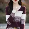 Cor da moda combinando fio floral gola V algodão feminino malha manga longa solto casual primavera e verão novo top pullover camiseta