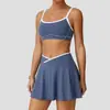 Patchwork de Tela Cepillada Camisola Sujetador Conjunto de Yoga Ropa Interior Deportiva Camiseta Sin Mangas Conjunto Deportivo Falda Corta de Cintura en V