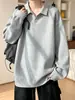 Moletom de outono masculino, camisa polo, fio floral, design de gaivota, corte solto, peso pesado, versátil, camada interna, marca da moda, colarinho aberto, mangas compridas, comprimento médio