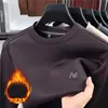 Blusa de Cor Sólida para Jovens de Inverno Camiseta Casual Elástica Masculina para o Dia a Dia Gola Redonda Blusão Moletom Camisa Base com Forro de Lã 336