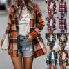 Outono e Inverno Europeu e Americano Transfronteiriço Temu Comércio Exterior Feminino Solto Xadrez Estampado Manga Longa Bolso Lã Cardigan Jaqueta