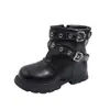 Botas Martin Negras para Niña con Forro de Polar, Correa con Hebilla, Cremallera Lateral, Suela Gruesa, Estilo Motociclista Fresco y Elegante, Botas de Cuero de Media Pantorrilla Otoño/Invierno