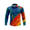 Nueva camisa de manga larga para hombre con base azul y estampado de salpicaduras naranja-amarillas, diseño audaz y llamativo, versátil para ir al trabajo