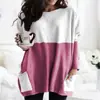 Punto Europeo y Americano Mujer Otoño Amazon Deseo Cuello Redondo Manga Larga Costura Casual Bolsillo Camiseta Top