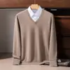 Suéter de cachemira con cuello en V, top térmico cálido, camisa de cachemira ajustada para otoño e invierno, color liso versátil para hombre