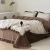 Juego de funda de edredón de algodón y forro polar con ribete de encaje 2026, juego de ropa de cama de cuatro piezas, funda de edredón 100% algodón, algodón puro y forro polar, estilo otoño/invierno