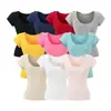Top Elástico de Manga Corta con Cuello en U Ajustado a la Cintura Estilo Chica Picante Verano Estilo Manga Figura Favorecedora Rayón Hombro Normal Camiseta para Mujer Puro Deseo Ajustado