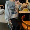 Sudadera con capucha de cuello redondo y forro polar con estampado de perro juvenil estilo coreano para mujer, top casual versátil de punto suelto para otoño e invierno