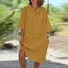 Vestido de mujer de algodón y lino con bolsillo suelto y cuello redondo de color sólido de Amazon 2024 con manga de cinco puntos y ropa transfronteriza entre Europa y Estados Unidos