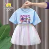Conjunto de Vestido de Manga Curta para Meninas Caçadoras de Demônios Kpop Estilo Verão Moda Vestido de Tule Princesa Saia Duas Peças para Meninas Jovens
