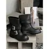 Botines de punta redonda estilo coreano para mujer, nueva colección otoño/invierno 2026, con hebilla de cinturón y altura hasta media pantorrilla, con acabado vintage desgastado.