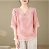 Real Shot Linen Top Verão Artístico Bordado V-Neck Moda Camisa Pequena Pulôver Plus Size Base Manga Curta Algodão Camisa De Linho