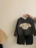 Conjunto de Dos Piezas de Moda para Niñas Estilo Coreano Top de Terciopelo Suéter de Punto con Capucha de Perro Pantalones de Cuero y Terciopelo Otoño e Invierno Nuevo