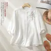 Camisa bordada de algodón y lino de gasa de doble capa, cárdigan de estilo artístico nuevo para verano 2026, top suelto de manga corta a media manga para mujer