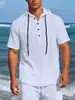 Nova Camiseta Masculina de Linho de Manga Curta, Camisa Casual com Capuz para Praia, Camisa de Manga Longa Cor Sólida