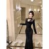 Vestido Falda de Encaje Empalmado Estilo Retro de Tiro Real Transfronterizo para Mujer Estilo Otoño Ceñido a la Cintura Falda Larga Cheongsam