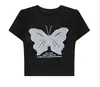Verão Novo Menina Quente Look Emagrecedor Camiseta Manga Curta Feminina Borboleta Patch de Jeans Bordado Design Top Curto