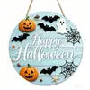 Bestseller transfronterizo letrero redondo de madera de Halloween para puerta con calavera, gato negro, calabaza y patrones de tumba, decoración colgante de puerta para crear ambiente