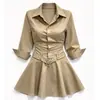 Vestido Camisa de Cinturón con Diseño de Nicho para Mujer Otoño Caqui Solapa Manga Larga Ceñidor de Cintura Adelgazante Petite Sexy