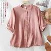 Camisa de gasa de algodón de doble capa con manga corta para mujer, nuevo estilo de verano 2026 con manga de farol, algodón suelto y suave, manga tres cuartos