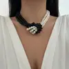 Collar de Perlas de Imitación de Múltiples Capas al por Mayor Moda Europea y Americana Joyería Retro Literaria con Bloques de Color Blanco y Negro Gargantilla de Alta Gama para Mujer