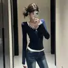Estilo Novo Outono e Inverno Veludo Alemão Gola V Botões Patchwork Falso Duas Peças Manga Longa Camiseta Slim Fit Afunilamento na Cintura Top Versátil para Mulheres