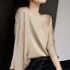 Top Elástico de Satén Color Sólido de Gama Alta, Suave como la Seda, Camisa de Manga Tres Cuartos Cuello Redondo de Seda Artificial, de Moda en 5 Colores