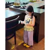 Conjunto de Niña 2026 Verano Chaleco Dopamina Estiloso Color Bebé Bloques de Color Top de Dibujos Animados Pantalones Rectos Morados