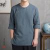 2023 Verão Novo Estilo Chinês Masculino Linho Vintage Fivela Tang Terno Masculino Algodão e Linho Cor Sólida Sete Mangas T-shirt