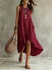 Vestido de linho estilo férias, casual, gola redonda, sem mangas, modelagem solta, comprimento médio para mulheres, site independente da Amazon transfronteiriço europeu e americano