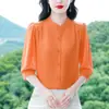 Linda Blusa de Chiffon para Mulheres, Novo Estilo de Verão, Elegante e Rejuvenescedora, Emagrecimento, Blusa de Manga Três Quartos, Camisa para Mãe de Meia-Idade