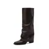 Botas Altas de Tacón Grueso con Punta Cuadrada Estilo Británico para Mujer, Botas Pantalón Negras Adelgazantes, Botas Western Fruncidas, Botas para Mujer Otoño/Invierno 2026, Venta al por Mayor