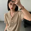 Camiseta de punto trenzado de manga corta de un solo hombro estilo Old Money retro para mujer, top tipo polo elegante para el verano, adelgazante, con cuello en V