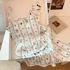 Conjunto de Pijama de Dos Piezas de Moda de Verano con Dibujos Animados Lindo, Top de Tirantes con Almohadillas en el Pecho y Pantalones Cortos para Mujer, Ropa de Casa Casual