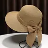 Chapéu de Sol de Praia de Verão Feminino com Laço, Proteção Solar, Chapéu de Palha de Aba Larga, Estilo Pastoral