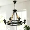 Lustre circular de vela com corda de cânhamo estilo industrial, luminária de sala de estar vintage em ferro preto, iluminação personalizada para vilas e pousadas