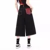 Jeans Cropped Americano Retrô Lavado Preto e Xadrez Vermelho com Emenda para Mulheres Verão Cintura Alta Solto Caimento Perna Larga Calça Média