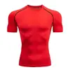 Camiseta Deportiva Ajustada de Manga Corta para Hombre, para Fitness, Running, Cuello Redondo, Baloncesto, Fútbol, Compresión, Secado Rápido, Ropa Blanca Roja