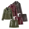 Venta al por mayor de Ropa para Mujer Transfronteriza 2025 Nuevo Conjunto de Chaqueta de Cuero de PU de Doble Botonadura + Falda de Cuero de PU para Mujer Estilo Europeo y Americano