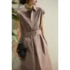 2026 Nuevo Estilo de Verano Estilo Francés de Gama Alta Elegante Vestido Camisa de Longitud Media con Mangas Cortas, Ceñido a la Cintura, con Solapa y Corbata