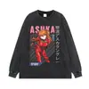 Camiseta vintage con estampado de anime, efecto desgastado y lavado, para hombre y mujer, hombros caídos, talla grande, top de manga corta de moda para verano, comercio exterior