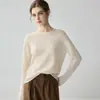 Camiseta base fina de punto 100% cachemira pura para mujer con cuello redondo y borde enrollado, nuevo top versátil de manga larga liso para otoño e invierno