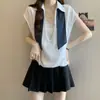 Camiseta Manga Curta Patchwork de Fitas Plus Size Falsa Duas Peças para Mulheres, Novo Estilo de Verão, Caimento Solto, Versátil, Emagrecimento, Valoriza o Corpo, Top da Moda