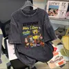 Camiseta de Manga Corta Estampada Estilo Retro Americano Desgastada Lavada de Verano para Mujer Tallas Grandes, Algodón Puro, Cuello Redondo, Top de Moda Versátil