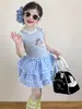 Verão 2025 Novo Estilo Coreano Roupas Infantis Meninas Desenho Animado Renda Sem Mangas Colete Renda Bolo Saia Saia Xadrez