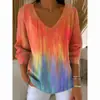 Estación Independiente Transfronteriza Europea y Americana Nueva Camiseta de Moda para Mujer Estampado 3D Color Degradado Cuello en V Manga Larga Top Verano Europeo y Americano