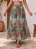 Falda larga estampada de rayón de cintura alta con abertura, falda para vacaciones en la playa, falda acampanada estilo bohemio para mujer