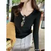 Tejidos de Otoño Temprano para Mujer 2024 Nuevo de Alta Gama Ajustado Camisa Base Primavera y Otoño Interior Cuello Redondo Manga Larga Azul