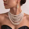 Collar de Moda Transfronterizo Europeo y Americano con Múltiples Capas de Perlas, Pendientes y Collar de Perlas Estilo Retro Francés Barroco, Juego de Joyería